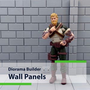Peut inclure: Un ensemble de panneaux muraux en briques grises avec une figurine masculine en tenue de style militaire. La figurine a des tatouages sur les bras et se tient devant le mur. Le texte "Diorama Builder Wall Panels" est affiché en bas.