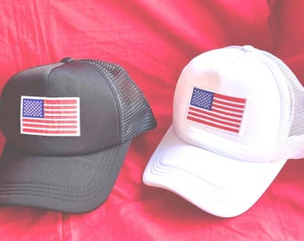 2  American Flag embroidered patch  1 Black 1  white trucker hat cap unisex fits most adults Brand NEW  hats