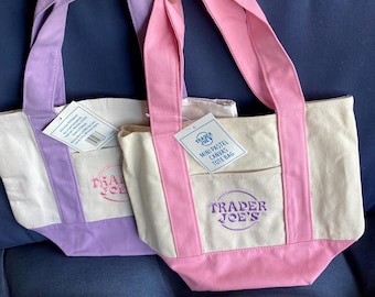 2 Trader Joe’s mini tote bags 1 pink 1 purple heavy canvas 13” x 10” FREE SHIP 24hrs