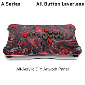 Könnte beinhalten: Ein All-Button-Leverless-Arcade-Controller mit einem rot-schwarzen Grafikdesign. Der Controller verfügt über rote und schwarze Tasten und den Text "FIGHTBOX". Der Text "A Series" und "All Button Leverless" sind ebenfalls sichtbar.