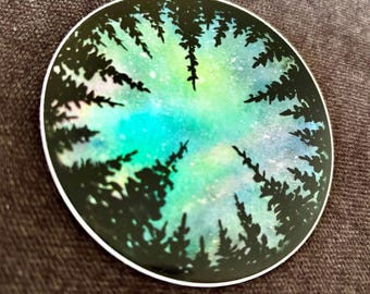 Holographic Trees Watercolor Circle Die-Cut Sticker