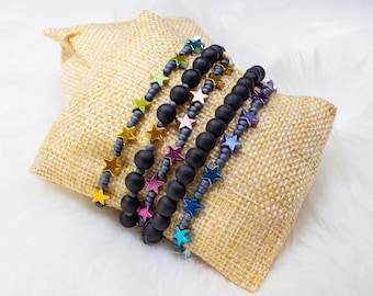 Celestial Star Beaded Bracelet Set – 5 Stackable Black & Metallic Rainbow Bracelets – Handmade Layered Stretch Jewelry
