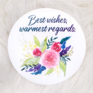 Beste wensen, hartelijke groeten bloemen aquarel cirkel gestanste sticker