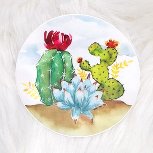 Floración Desierto Cactus Acuarela Círculo Troquelado Pegatina