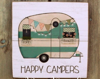 Happy Camper Wood Sign Camping Decor Retro Camper Vintage Camper Vacation Decor Summer Vacation Glamping Decor Free Shipping