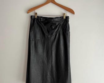 Vintage 80s Black Leather Midi Skirt — High Waist Belted | Oscar Leopold | Made in Canada