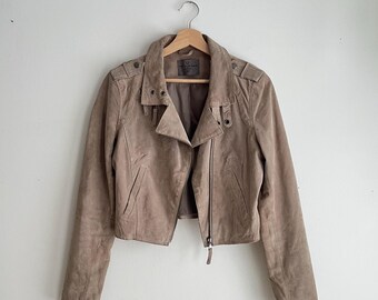 Y2K Vintage Suede Jacket – Beige Cropped Biker Coat, Medium