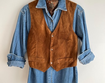 Vintage 90s Southwestern Boho Suede Waistcoat - Tan Leather Unisex Fashion Vest