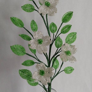 French beaded flowers dogwood branch white and green spray