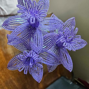3 Handmade French beaded flowers spring daffodils glass beads purple flower