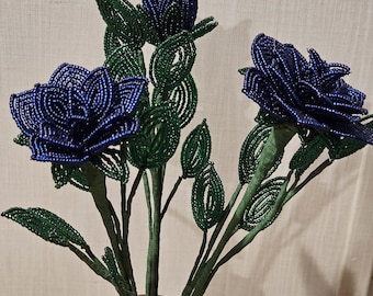 Navy Blue French Beaded Roses – Set of 3 Handmade Glass Bead Flowers – Long Stem Floral Decor – Unique Gift for Her – Home Wedding Decor