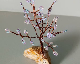 handmade french beaded tree with geode rock beaded flowers