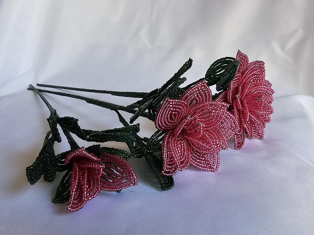 Black French Beaded Roses – Set of 3 Handmade Glass Bead Flowers – Long ...