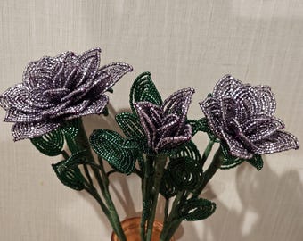 Purple French Beaded Roses – Set of 3 Handmade Glass Bead Flowers – Long Stem Floral Decor – Unique Gift for Her – Home Wedding Decor