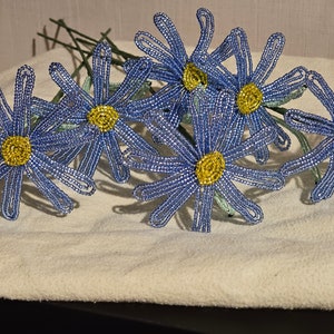 6 French beaded flowers Periwinkle daisy bouquet 1/2 dozen daisies 12 inches tall