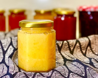 Homemade lemon curd jam, preserve, fruit spread with apricot, plum, blackberry and Buddha's hand