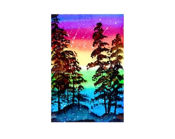 Art print from original watercolor - Pines in rainbow sky