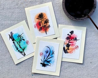 80k subscriber special  Original Chinese painting handmade cards, Set of four