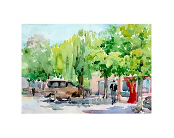 Park in spring art print from original watercolor painting by Haiou Yang