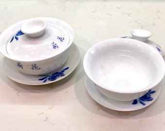 Set of two Gaiwan bone China traditional chinese tea cup with saucers and lids