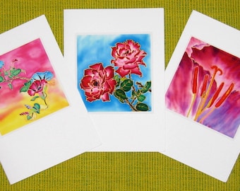 High quality metallic prints from original silk painting by Haiying Yang, 3 in a set - Flower 03, Red passion