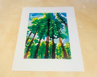 Art print of orignal watercolor painting Redwood forest at sunrise