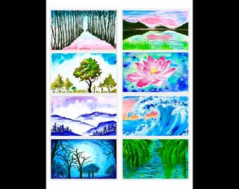 Puede incluir: Una colección de ocho pinturas de paisajes en acuarela. Las escenas incluyen un camino nevado entre árboles, un lago con un cielo rosa, un árbol en un campo, una flor de loto, montañas, una ola, árboles desnudos y un arroyo.
