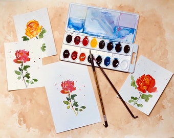 Tirage d’art à partir de la peinture originale de fleurs à l’aquarelle, rose rouge