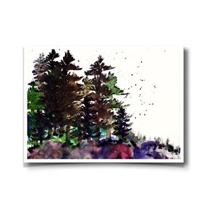 Pines on colored rocks Art Print from original watercolor painting