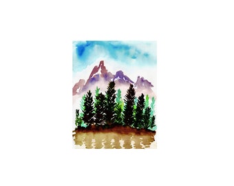 Art print of orignal watercolor painting mountain trees