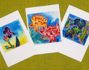 Handmade cards with metalic prints from original silk painting by Yanghaiying, set of 3, Flower 04, Autumn peace