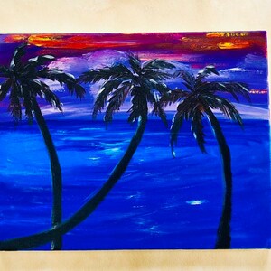 Original acrylic painting sunset ocean palm