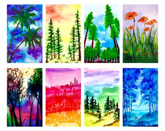 Puede incluir: Un conjunto de nueve acuarelas que representan diversos paisajes, incluyendo palmeras, bosques y campos de flores. Las pinturas están todas en una paleta de colores vibrantes y presentan una variedad de pinceladas.