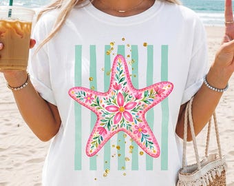 Starfish Summer Tshirt, Comfort Colors® Beach Shirt, Coastal Beach Vacation Cruise Shirt, Striped Summer Tee, Ocean Lover Gift, Sea Star Tee