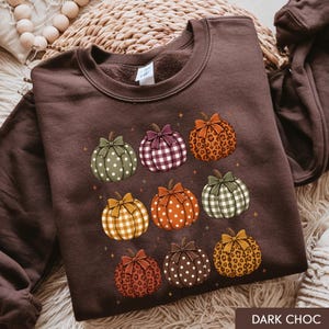 May include: A dark brown crewneck sweatshirt featuring a graphic print of nine pumpkins in various patterns including leopard print, polka dots, and gingham checks. Each pumpkin is topped with a small bow, and small star accents are scattered around.