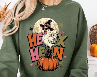 Sudadera de Halloween con gallina hexágona, suéter de pollo vintage de los 90 para Halloween, sudadera de cuello redondo con gallina bruja, regalo espeluznante para mamás gallinas en Halloween.