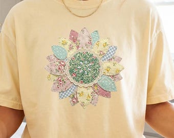 Faux Patchwork Sunflower Comfort Colors® Shirt, Rustic Farm Sunflower Tshirt, Gift for Sunflower Lover, Floral Summer Cottagecore Tee Yellow