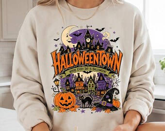 Sudadera de Halloween Town, sudadera vintage de los 90 con diseño de pueblo embrujado, sudadera retro con cuello redondo de gato negro y bruja, camiseta espeluznante de calabaza de Halloween para mujer.