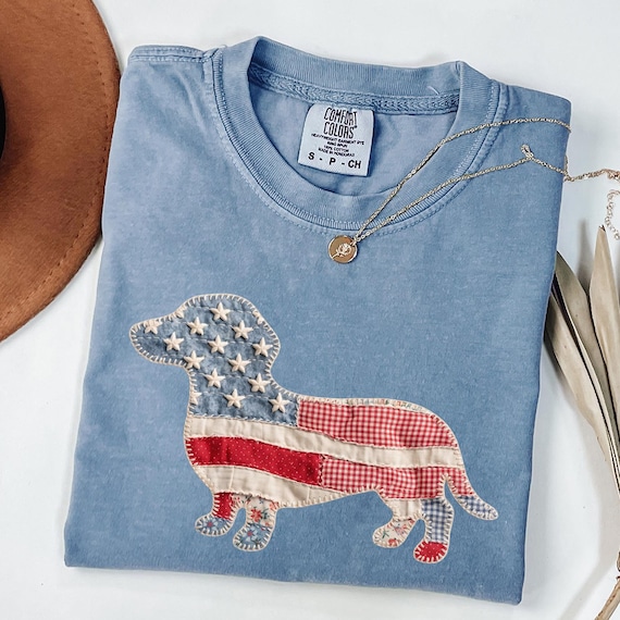 Faux Patchwork Dachshund Comfort Colors Shirt, 4th of July Shirt Women, Dachshund Mom Gift, American Flag Dachshund Shirt, Wiener Dog Tee