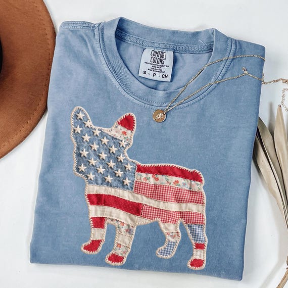 Faux Patchwork French Bulldog Comfort Colors® Shirt, 4th of July Shirt Women, Retro American Flag Shirt, Frenchie Mom Gift, 250 Year Shirt