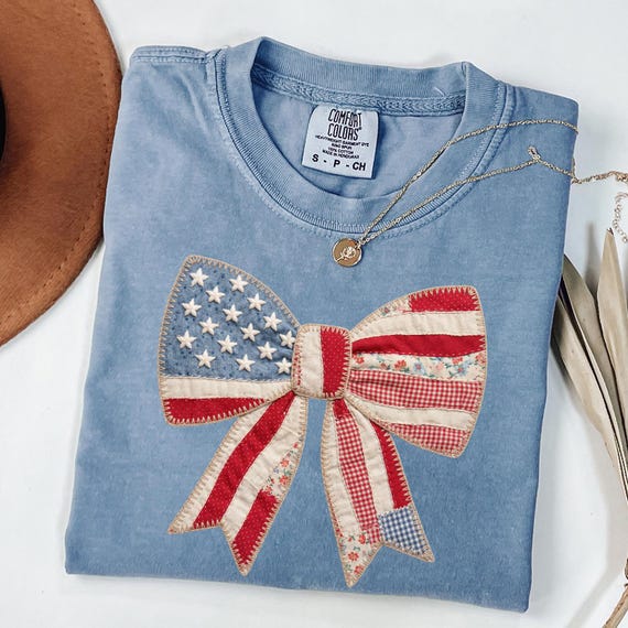 Patriotic Bow Comfort Colors® Shirt, FAUX Patchwork Bow Shirt, 4th of July Shirt Women, Coquette American Flag Bow Tee, Fourth of July Shirt