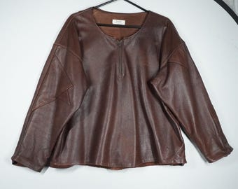 Ingvild Nordahl Norway Brown Leather Pullover Zip Tunic Top Artisan Handmade