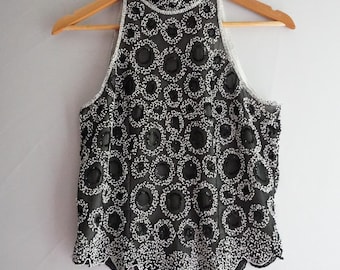 Papell Boutique Evening Silk Beaded Halter Top Black White Scalloped Small 1020