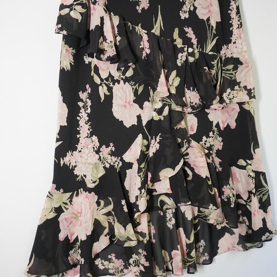 Vtg Chaps Women's Floral Tiered Ruffle Skirt Midi Black Pink Romantic Size 12