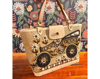 VTG Enid Collins of Texas Model T Jeweled Burlap Wood Box Bag Tote 1963 Novelty