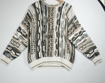 J Ferrar Mens 3D Textured Knit Sweater Green Cream Tan Abstract Coogi Style M