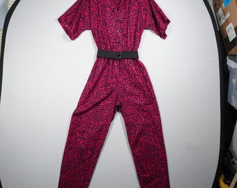 VTG Toni Todd 80s Geometric Abstract Print Cotton Jumpsuit Magenta Black 10 Belt