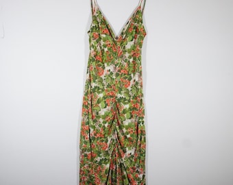 VTG Y2K Milly Silk Floral Midi Dress Green Red Ruched V-Neck Slip Dress S Garden