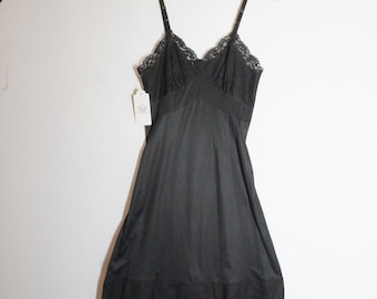 Vintage Black Lace Trim Full Slip Dress Adjustable Straps V-Neck Midi Lingerie