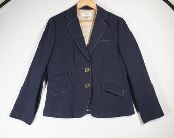 VTG Talbots Blazer 12 Navy Blue Cotton Linen Pick-Stitch Preppy Nautical Jacket